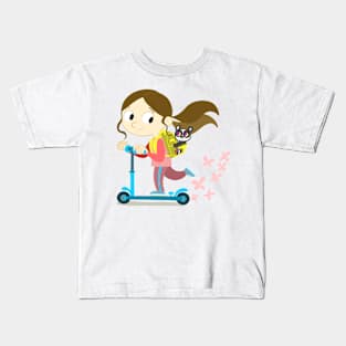 girl on a scooter with a backpack on her back Kids T-Shirt